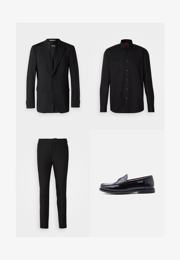 Blazer negro hecho de tela suave, con dos bolsillos frontales, dos botones y un interior con estampado. Diseño clásico y ajustado.; Camisa negra de manga larga hecha de una tela suave, con un cuello clásico con tapa, cierre frontal de botones y un ajuste entallado.; Pantalones negros de corte ajustado, con cierre de botón, cremallera y dos bolsillos frontales. Tejido suave con un acabado mate.; Mocasines de cuero negro con acabado brillante, que presentan un diseño cosido en la puntera y una suela baja de goma negra texturizada.