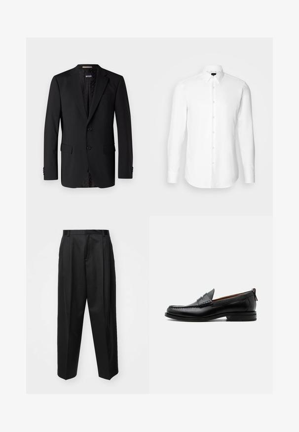 Blazer noir en tissu lisse, comportant deux poches avant, deux boutons et une doublure à motifs. Design classique et ajusté.; Chemise blanche à manches longues, boutonnée sur le devant, col classique, fabriquée en tissu lisse avec une texture subtile, conçue pour une coupe ajustée.; Pantalon noir ajusté avec taille haute, jambes larges et plis marqués. Fabriqué dans un tissu lisse avec passants de ceinture et sans quincaillerie visible.; Mocassin homme en cuir noir avec couture moc toe, bride penny, col texturé et petit talon empilé sur fond blanc.