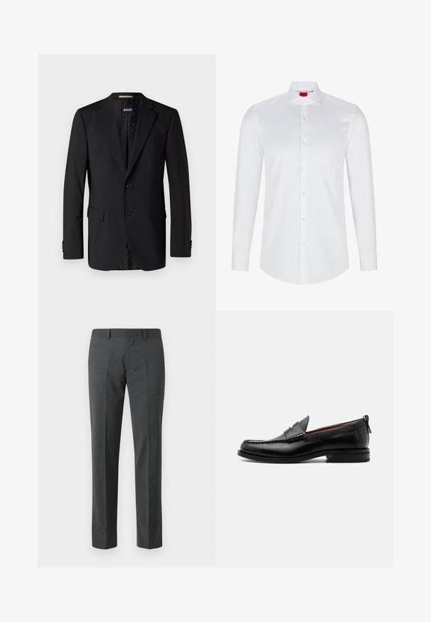 Blazer noir en tissu lisse, comportant deux poches avant, deux boutons et une doublure à motifs. Design classique et ajusté.; Chemise blanche à manches longues avec boutons en coton lisse. Présente un col classique, une patte de boutonnage pleine et un ourlet arrondi.; Pantalons ajustés gris foncé en textile lisse. Présente des jambes droites, une taille plate et des passants de ceinture. Pas de motifs ou d'accents visibles.; Mocassin homme en cuir noir avec couture moc toe, bride penny, col texturé et petit talon empilé sur fond blanc.