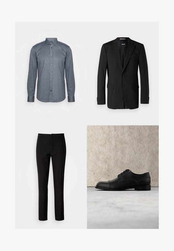 Blazer negro hecho de tela suave, con dos bolsillos frontales, dos botones y un interior con estampado. Diseño clásico y ajustado.; Camisa de manga larga abotonada en tela gris oscuro, con cuello, botones frontales y puños. Textura suave con un diseño ajustado.; Pantalones negros de tela lisa, con diseño de pierna recta, cierre frontal con botón y discretos bolsillos laterales. Aspecto sencillo y entallado.; Zapato de vestir de cuero negro con un acabado liso, punta redondeada y perforaciones decorativas. Cuenta con cinco ojales para cordones y una suela plana.