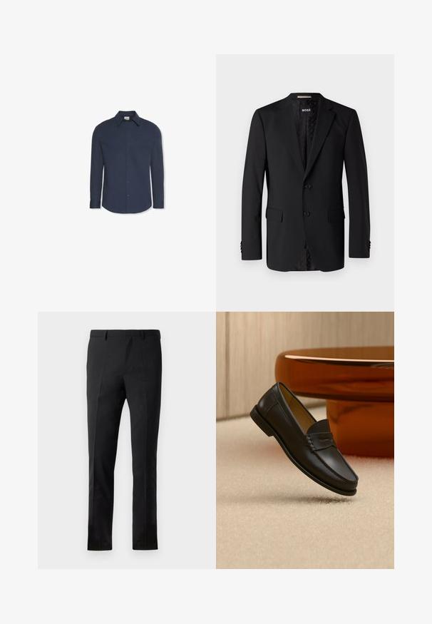 Blazer negro hecho de tela suave, con dos bolsillos frontales, dos botones y un interior con estampado. Diseño clásico y ajustado.; Camisa azul marino de manga larga con botones, cuello y puños, con una etiqueta de Calvin Klein dentro del cuello.; Pantalones negros con un corte ajustado, que presentan un frente plano, dos pliegues, pasadores para cinturón y una textura suave. Sin patrones ni accesorios visibles.; Zapato mocasín de cuero negro suspendido sobre una alfombra beige con muebles modernos de color ámbar en el fondo.