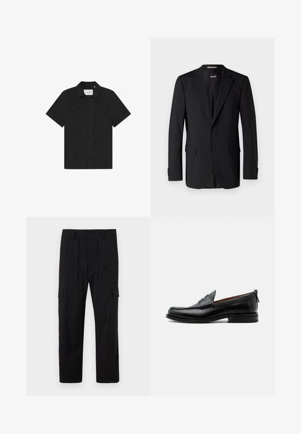 Schwarzer Blazer aus glattem Stoff, ausgestattet mit zwei Fronttaschen, zwei Knöpfen und einem gemusterten Innenfutter. Klassisches, tailliertes Design.; Schwarzes kurzärmliges Shirt aus atmungsaktiven Stoff mit kunstvollen Ausschnittmustern und einer geknöpften Front.; Schwarze Cargo-Hosen aus leichtem Stoff, mit geradem Bein, vorderen Falten, seitlichen Taschen und einem Knopfverschluss.; Schwarzer Leder-Herrenschuh mit Mokassinnaht, Penny-Riemen, strukturiertem Kragen und niedrigem gestapeltem Absatz auf weißem Hintergrund.