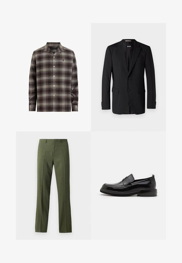 Blazer noir en tissu lisse, comportant deux poches avant, deux boutons et une doublure à motifs. Design classique et ajusté.; Chemise à carreaux brune et grise en tissu léger, avec un col évasé, fermeture à boutons et un logo brodé sur la poitrine.; Pantalons ajustés olive en vert, présentant une texture lisse, une coupe droite et un pli avant, conçus pour des occasions formelles ou semi-formelles.; Calvin Klein MOCCASIN - Mocassins de ville - black