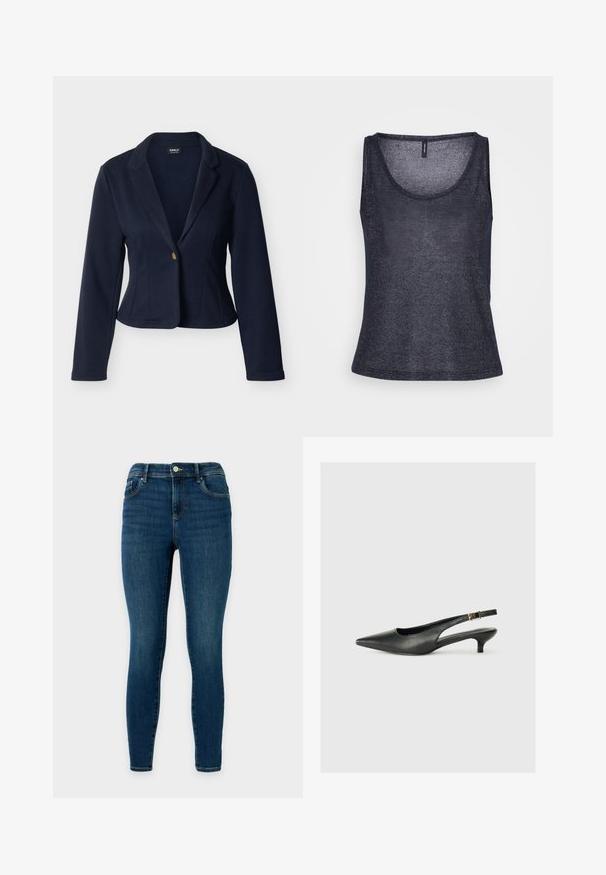 Blazer pour femme bleu marine à manches longues, fermeture à un bouton doré, col à revers cranté, coupe ajustée et longueur courte.; Débardeur bleu marine en tissu léger et texturé, avec un col rond et une coupe générale décontractée. Aucune autre détail de conception noté.; Jean slim en denim bleu foncé avec bouton et fermeture éclair à l'avant, deux poches avant et deux poches arrière, présenté sur un fond uni.; Chaussure slingback noire à bout pointu en cuir lisse. Présente un talon fin et un détail de boucle sur la sangle réglable.
