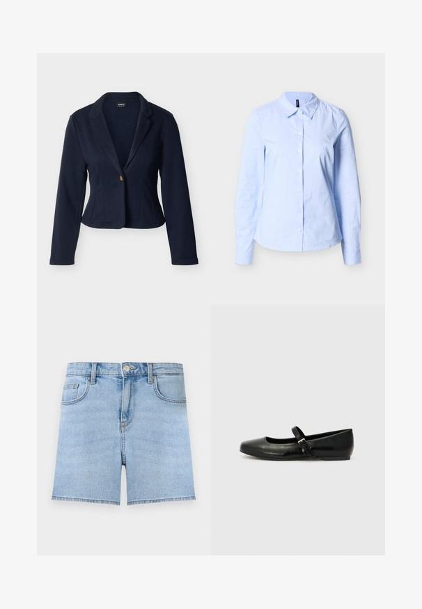 Blazer pour femme bleu marine à manches longues, fermeture à un bouton doré, col à revers cranté, coupe ajustée et longueur courte.; Chemise pour femmes à manches longues bleu clair avec des rayures blanches verticales subtiles et un col pointu sur un fond neutre.; Short en jean bleu clair avec bouton à l'avant, fermeture éclair, passants de ceinture et design cinq poches sur un fond uni.; Ballerines en cuir noir avec un bout arrondi, une semelle plate et une fine sangle ajustable sur le cou-de-pied avec une boucle en métal.