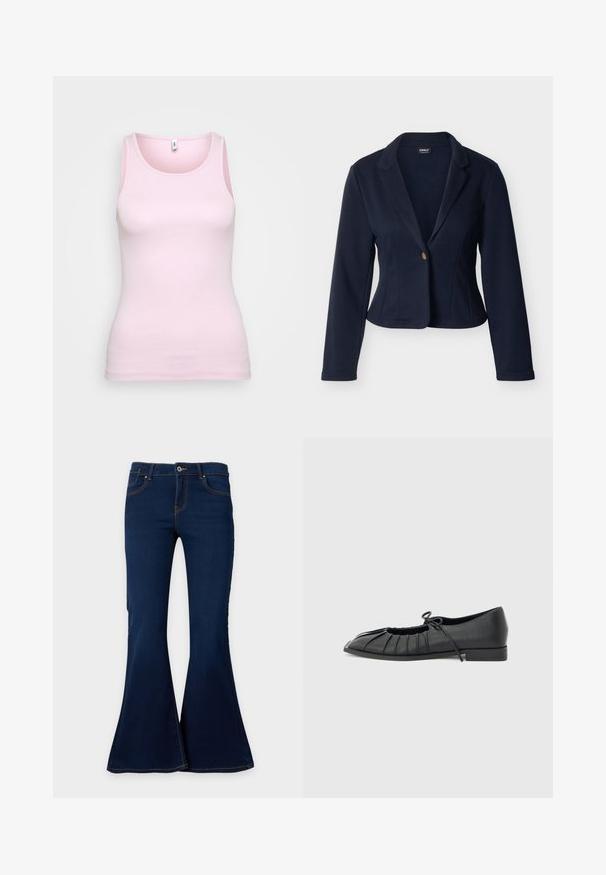 Blazer para mujer azul marino con mangas largas, cierre de un solo botón dorado, cuello con solapa con muesca, corte entallado y longitud corta.; Top de algodón rosa sin mangas con una textura acanalada y un escote redondo clásico. Diseño ajustado y sin detalles prominentes.; Vaqueros acampanados de mezclilla azul oscuro con cierre frontal de botón y cremallera, bolsillos delanteros y trabillas para cinturón, mostrados sobre un fondo liso.; Zapato plano negro con diseño delantero plisado y un lazo atado en la parte superior, tacón bajo y textura lisa sobre un fondo gris claro.