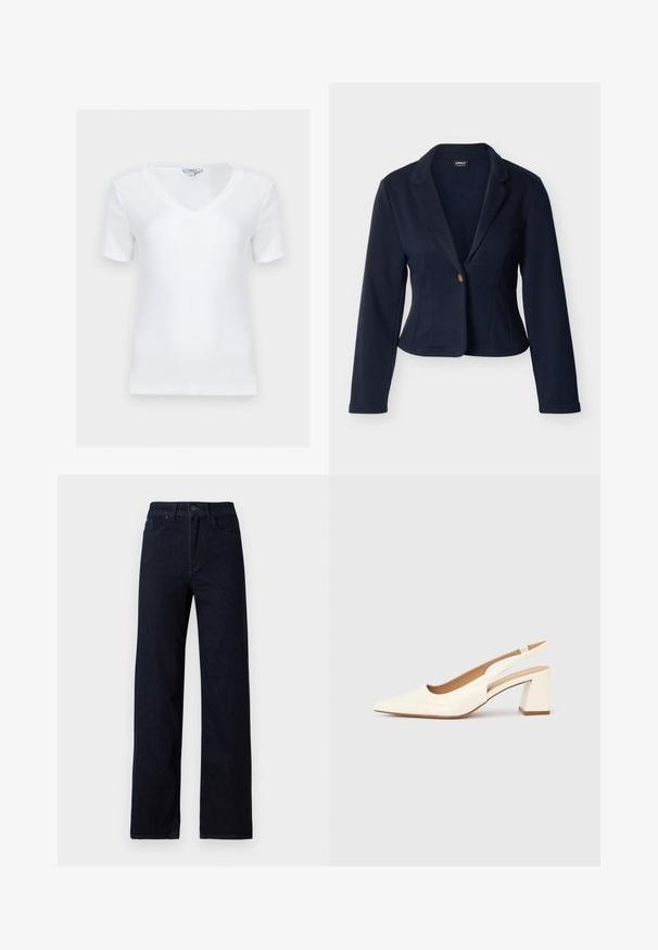 Blazer pour femme bleu marine à manches longues, fermeture à un bouton doré, col à revers cranté, coupe ajustée et longueur courte.; Haut blanc à manches courtes côtelé avec col en V et coupe ajustée, présenté à plat sur un fond clair.; Jeans en denim bleu foncé avec une coupe droite, comportant cinq poches, une fermeture à bouton sur le devant, et une texture subtile sans embellissements.; Escarpin slingback en cuir verni crème brillant, avec un bout pointu et un talon carré épais pour la stabilité. Design minimaliste, sans ornements.