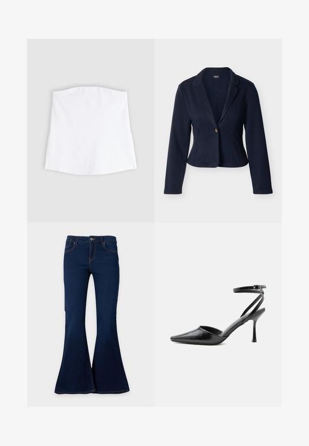 Blazer pour femme bleu marine à manches longues, fermeture à un bouton doré, col à revers cranté, coupe ajustée et longueur courte.; Haut bandeau blanc sans bretelles, aux bords droits, posé à plat sur un fond gris clair.; Jean flare en denim bleu foncé avec fermeture avant par bouton et zip, poches avant et passants de ceinture, présenté sur un fond uni.; Escarpin noir à bout pointu avec fines brides de cheville et fermeture à boucle argentée sur fond clair uni.