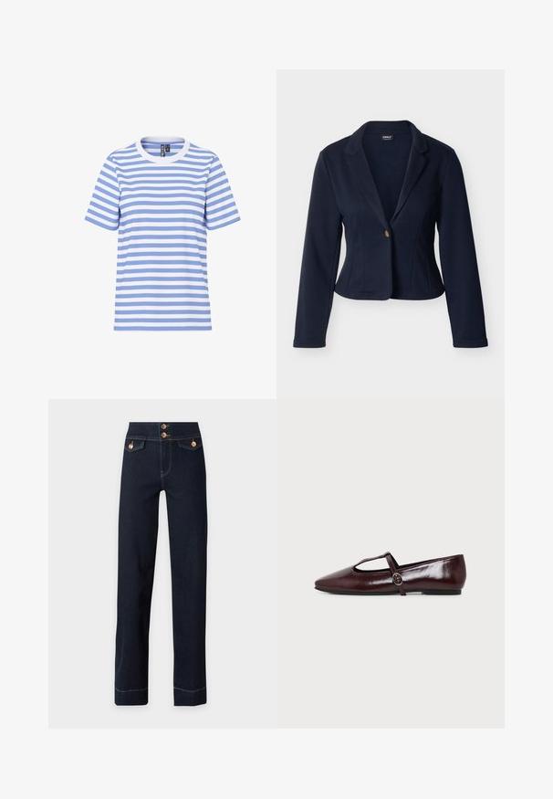 Marineblå kvindeblazer med lange ærmer, enkelt guldknaplukning, reverskrave med hakket snit, skræddersyet pasform og kort længde.; Kortærmet T-shirt med horisontale lyseblå og hvide striber, rund halsudskæring og en synlig mærkeetiket indeni kraven.; Mørkeblå jeans med høj talje, lige ben, kobberknapper, klaplommer foran og synlige gule syninger.; Mørk burgunderfarvet flad lædersko med spids tå og en tynd T-rem med en sølvspænde på en hvid baggrund.