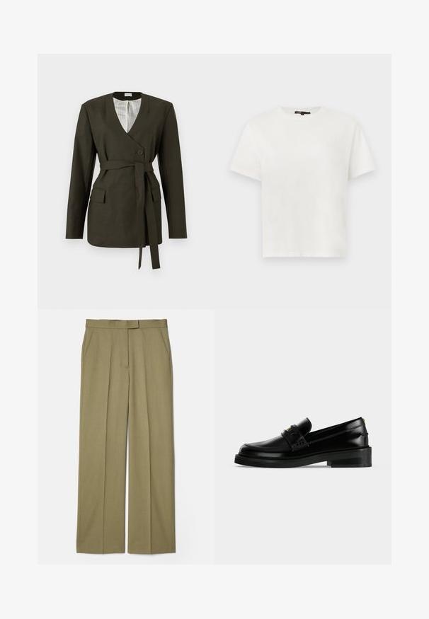Oliven grøn blazer med V-udskæring, lange ærmer, enkel knaplukning, sidelommer og bælte i matchende stof. Stribede satinfor.; Hvid kortærmet T-shirt med rund hals, med lille præget hjerte-logo på venstre bryst og sort nakkemærke.; Kaki plisserede bukser med lige ben, lavet af struktureret stof, med to sidelommer og en glat talje.; Sort poleret læderloafer med lav blokhæl, moktå-syning og en dekorativ rem over toppen.