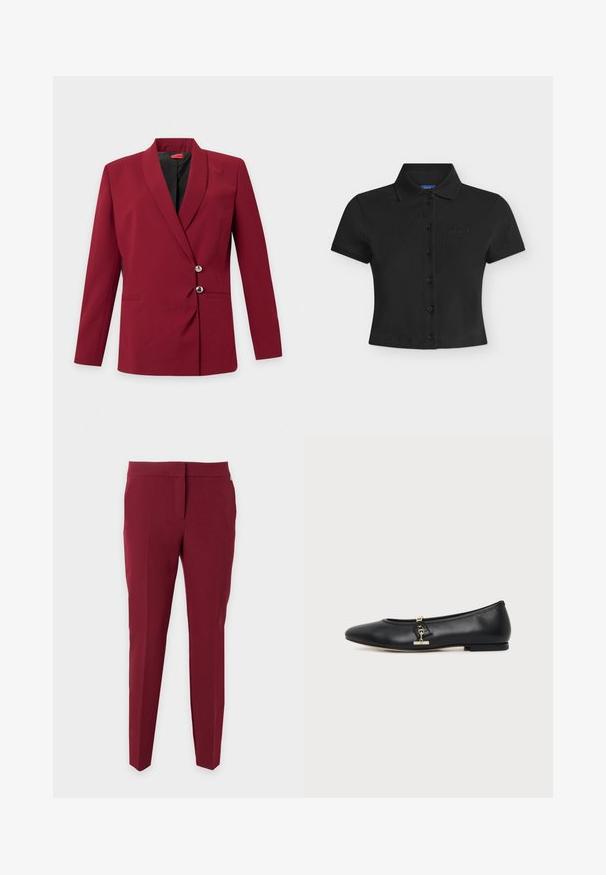 Blazer femme rouge foncé à manches longues, deux boutons argentés, coupe slim et doublure intérieure noire.; Polo court noir à manches courtes avec col, boutonnage devant et nom de marque finement brodé sur la poitrine gauche.; Pantalon slim fit rouge foncé à devant plat et jambes droites, présenté sur un fond blanc uni.; Chaussure plate en cuir noir avec bout arrondi et petit détail de boucle dorée sur le côté, présentée sur un fond clair uni.