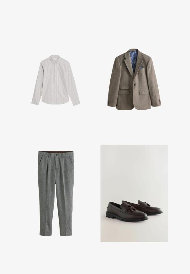 Brun fiskeben uldblazer med hakket revers, to forlommer med klap, enkelt knaplukning og blå blomsterprintet inderfor med matchende lommetørklæde.; Marks & Spencer STRIPED OXFORD - Skjorter - natural mix; Grå uldbukser med en struktureret overflade, der har et lige snit, plisseret front og sidelommer. Brun indvendig foring synlig ved taljen.; Brune læder loafers med en flad sort sål, der har en dekorativ frontrem og kvaster. Glat tekstur med subtile syningen detaljer.