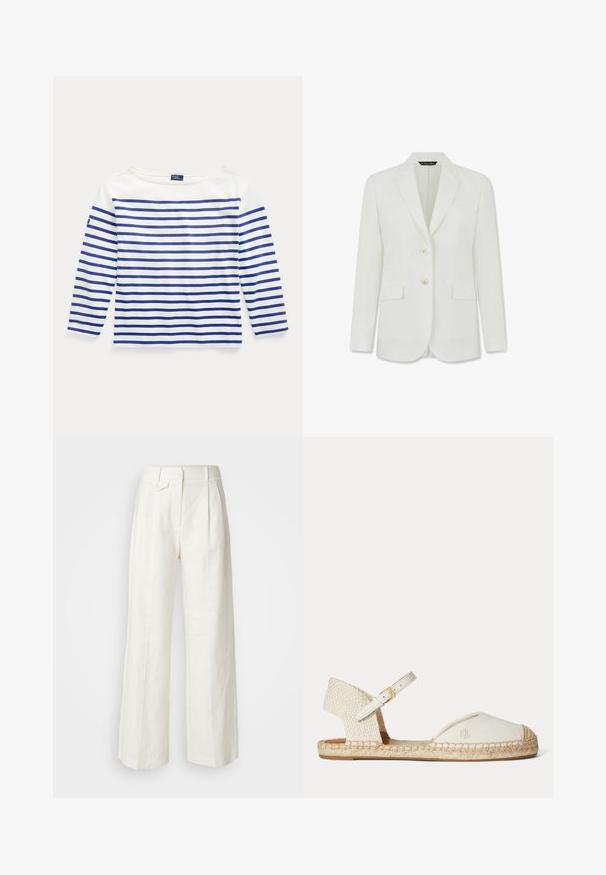 Weißer Damenblazer mit Kerbkragen, zwei vorderen Knöpfen, Pattentaschen und einer Brusttasche, vor weißem Hintergrund gezeigt.; Langarmshirt aus weißer Baumwolle mit horizontalen blauen Streifen. Verfügt über einen Bootsausschnitt und ein kleines Logoschild am linken Ärmel.; Weiße Leinen-Hosen mit weitem Bein, vorderen Falten, einem einzelnen Knopfverschluss und seitlichen Taschen, die eine glatte Textur und ein strukturiertes Design aufweisen.; Weiße Espadrille-Sandale mit geflochtenem Absatz, Knöchelriemen mit goldener Schnalle und "RL" Logo auf der Canvas-Zehenschutzkappe, flache Jutesohle.