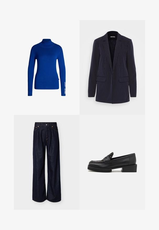 Blazer bleu marine à rayures verticales avec revers crantés, manches longues, poches à rabat et coupe ajustée.; Pull col roulé bleu en tissu doux et extensible. Il a des manches longues et le texte "JOOP! JEANS" imprimé en blanc sur la manche droite.; Jean en denim bleu foncé à jambes larges avec bouton sur le devant et design à cinq poches sur un fond clair uni.; Mocassins en cuir noir avec un bout carré et un talon carré. Comprend des coutures décoratives et des accents cloutés sur le dessus.