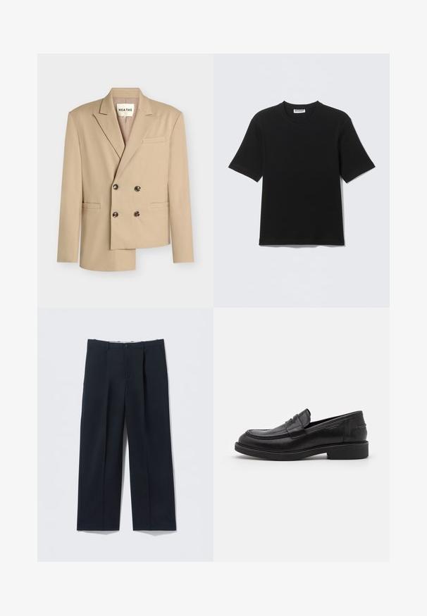 Beiger zweireihiger Blazer mit Kerb-Revers, vier dunklen Knöpfen und drei Leistentaschen, asymmetrisch am unteren Saum geschnitten.; Schwarzes T-Shirt mit kurzen Ärmeln und Rundhalsausschnitt, mit einem "WEEKDAY"-Etikett innen am Kragen, flach auf einem hellen Hintergrund liegend dargestellt.; Dunkelblaue Hose aus glattem Stoff, mit tailliertem Schnitt, zwei Vordertaschen und Knopfverschluss.; Schwarze Lederloafer mit abgerundetem Zeh, farblich abgestimmtem Nähen und einem Riemendetail an der Vorderseite. Gummi-Sohle mit niedrigem Absatz.