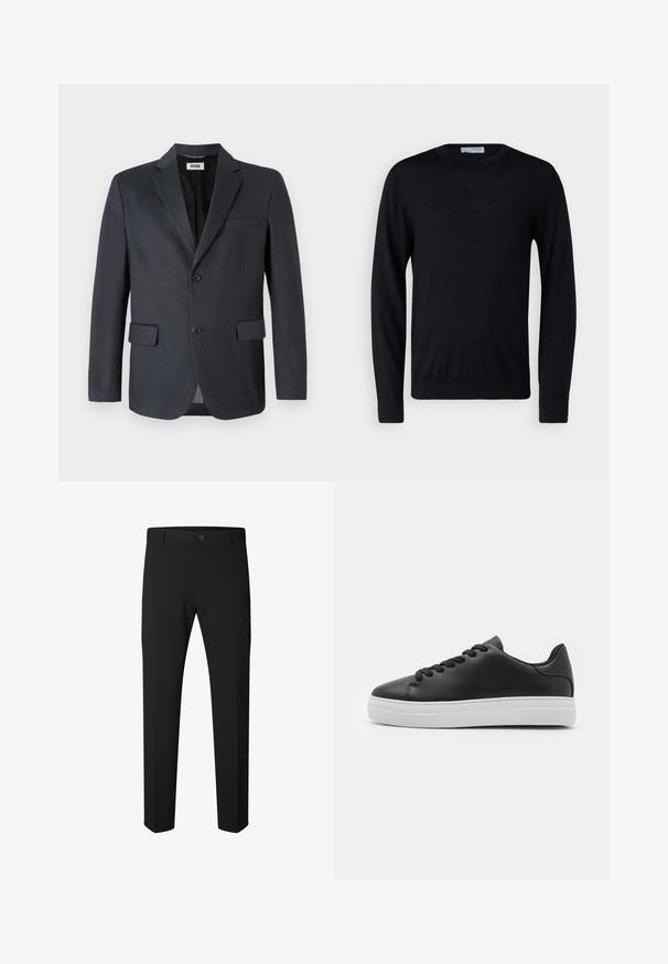 Mørkegrå blazer lavet af tekstureret stof med en nederdel, to forlommer og to knaplukninger. Fôret indre.; Sort langærmet rundhalset sweater med ribstrikkede ærmeafslutninger og kant, vist mod en hvid baggrund.; Sorte slim-fit bukser med knap- og lynlåslukning, bæltestropper og lige ben på en hvid baggrund.; Sorte lædersneakers med rund tå, hvid gummisål og sorte snørebånd. Har en glat overflade og minimalistisk design.