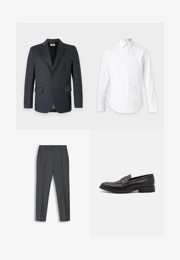 Blazer gris foncé en tissu texturé avec un col cranté, deux poches avant et une fermeture à deux boutons. Doublure intérieure.; Chemise blanche à manches longues avec boutons et col classique, présentée sur un fond clair uni.; Pantalon homme gris foncé ajusté avec plis sur le devant, passants de ceinture, poches latérales et fermeture de la taille par bouton.; Mocassin en cuir noir avec une finition lisse, une sangle décorative sur le dessus, un bout rond et un petit talon empilé.