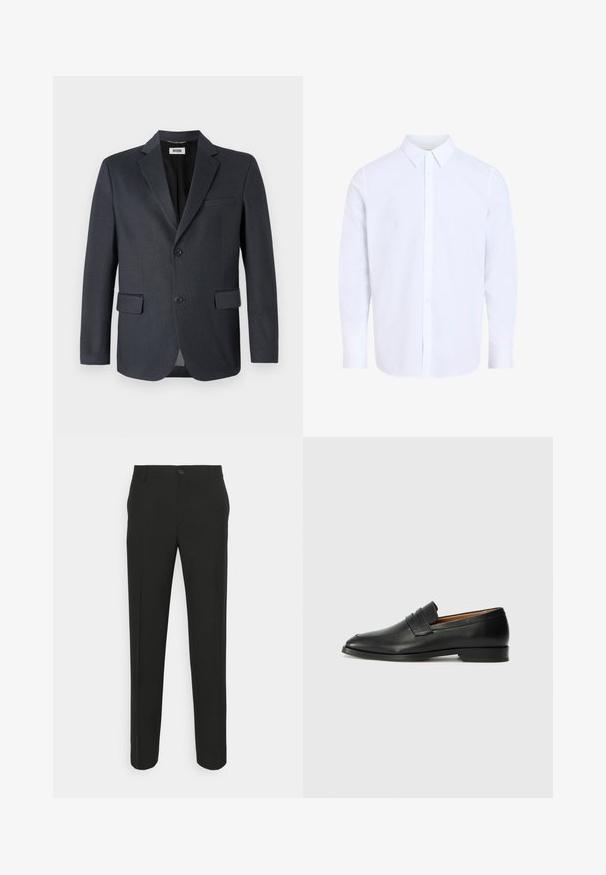 Mørk grå blazer laget av teksturert stoff med notched lapel, to frontlommer og to-knapps lukking. Fôret innside.; Langermet hvit skjorte med knapper og klassisk krage, laget av glatt stoff, med knapper foran og avrundet kant.; Svarte skreddersydde bukser med rett snitt, med en enkelt knappåpning og beltehemper. Glatt, mattsvart stoff utan mønster.; Svart skinnloafer med rund tå, subtilt sydd detaljering og lav hæl, med en glatt tekstur og minimalistisk design.