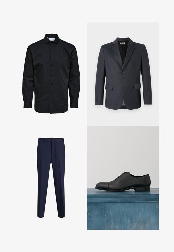 Mørkegrå blazer lavet af tekstureret stof med en nederdel, to forlommer og to knaplukninger. Fôret indre.; Herre langærmet sort skjorte med knaplukning foran og klassisk krave, lavet af glat stof.; Marineblå skræddersyede bukser lavet af glat stof med flad front, lige ben-design og standard talje, med sidelommer.; Sort lædersko med lukket snørelukning, rundet tå og kap-tå detaljer. Glat tekstur, minimalistisk design, hævet hæl.