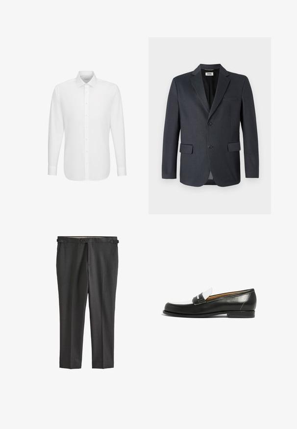 Donkergrijze blazer van gestructureerde stof met een geknipt revers, twee voorzakken en sluiting met twee knopen. Gevoerde binnenkant.; Witte lange mouwen overhemd met knoopsluiting aan de voorkant en klassieke kraag, weergegeven tegen een effen witte achtergrond.; Donkergrijze op maat gemaakte broek met een gladde textuur, knoopsluiting, riemlussen en zijzakken. Heeft een platte voorkant met scherpe plooien.; Zwart-witte leren loafers met een ronde neus, voorzien van een contrasterende witte vamp en subtiele stiksels langs de randen.
