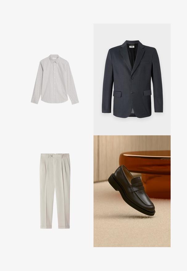 Mørkegrå blazer lavet af tekstureret stof med en nederdel, to forlommer og to knaplukninger. Fôret indre.; Marks & Spencer STRIPED OXFORD - Skjorter - natural mix; Lysebeige skræddersyede bukser med læg, bæltestropper, sidelommer, knaplukning og manchetter nederst.; Sort læderloafer, der svæver over et beige tæppe med brunt afrundet møbel i baggrunden.