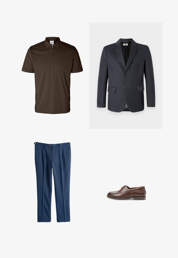 Blazer gris foncé en tissu texturé avec un col cranté, deux poches avant et une fermeture à deux boutons. Doublure intérieure.; Polo marron foncé à manches courtes avec un col et une fermeture éclair avant moitié, présenté sur fond blanc.; Pantalon bleu marine ajusté avec bretelles latérales ajustables, bouton à l'avant, fermeture éclair et pli marqué sur chaque jambe.; Chaussure bateau en cuir marron avec des détails de lacets et des coutures le long de la semelle, présentée sur un fond blanc.
