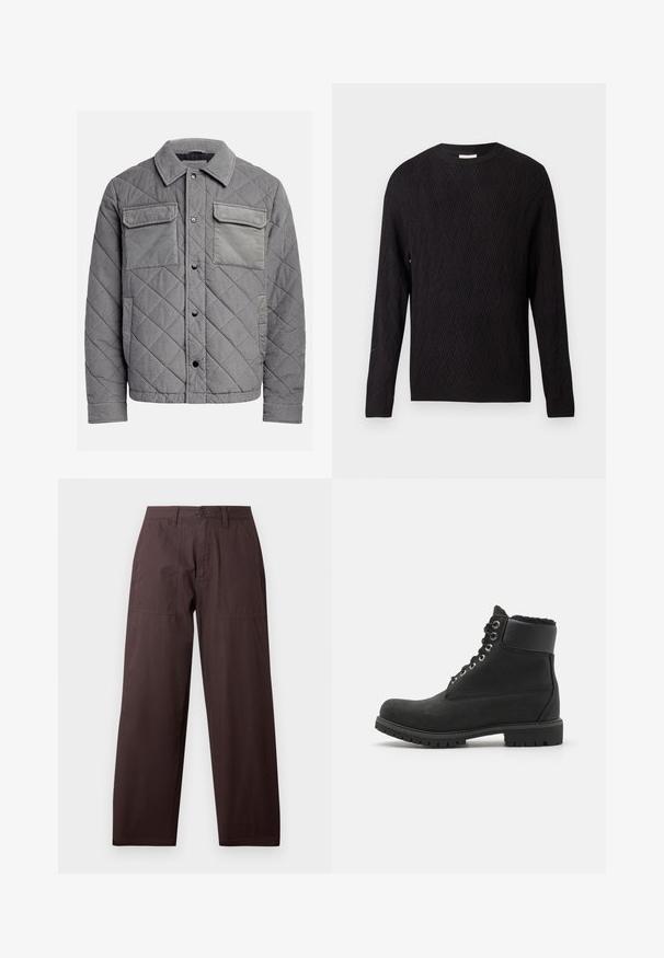 Gepolsterte graue Jacke aus strukturiertem Stoff, mit zwei Brusttaschen, Druckknöpfen und einem spitzen Kragen. Robuste und isolierte Konstruktion.; Schwarzer Pullover mit langen Ärmeln, Chevron-Strickmuster und gerippten Bündchen und Saum, Rundhals-Ausschnitt, auf einem schlichten weißen Hintergrund präsentiert.; Wrangler WORK PANT - Stoffhose - mole; Schwarze Knöchelstiefel aus Wildleder mit Gummisohle, ausgestattet mit metallischen Ösen, Schnürsenkeln und einem weichen Kunstfellkragen am oberen Rand.