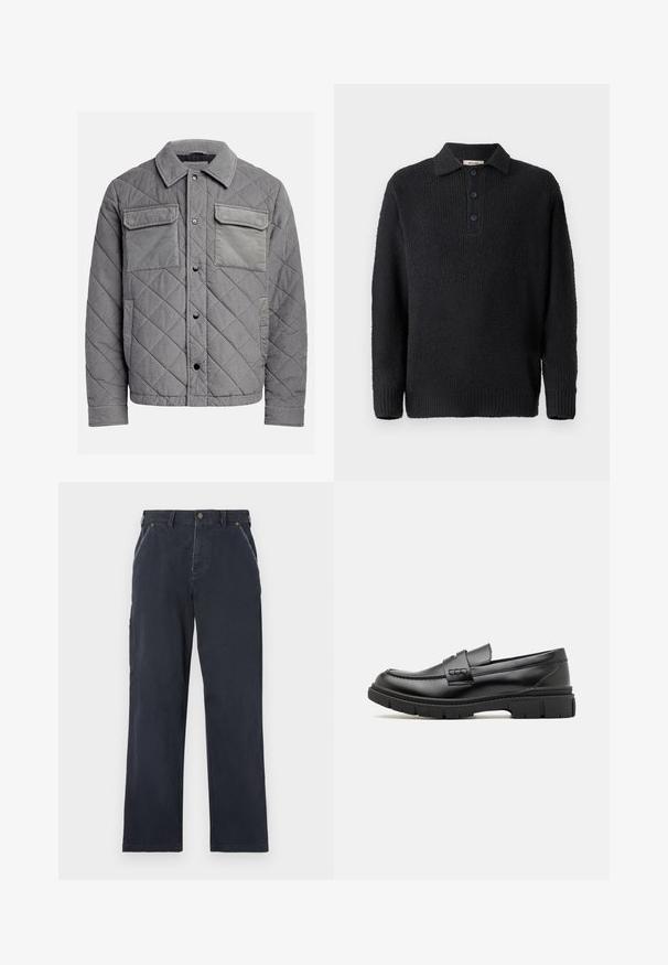 Quiltet grå jakke lavet af tekstureret stof, med to brystlommer, trykknapper og spidse krave. Holdbart og isoleret design.; Sort strikket pullover med en struktureret finish, har en klassisk krave og en tre-knaps lukning. Lange ærmer med ribbede manchetter.; Mørkeblå bomuldsbukser med lige ben-design. Har forlommer, knaplukning og synlige syninger.; Sort læder loafersko med en bred rem over forfoden, gummisål med tykke mønstre og glat overflade. Klassisk, slankt design.