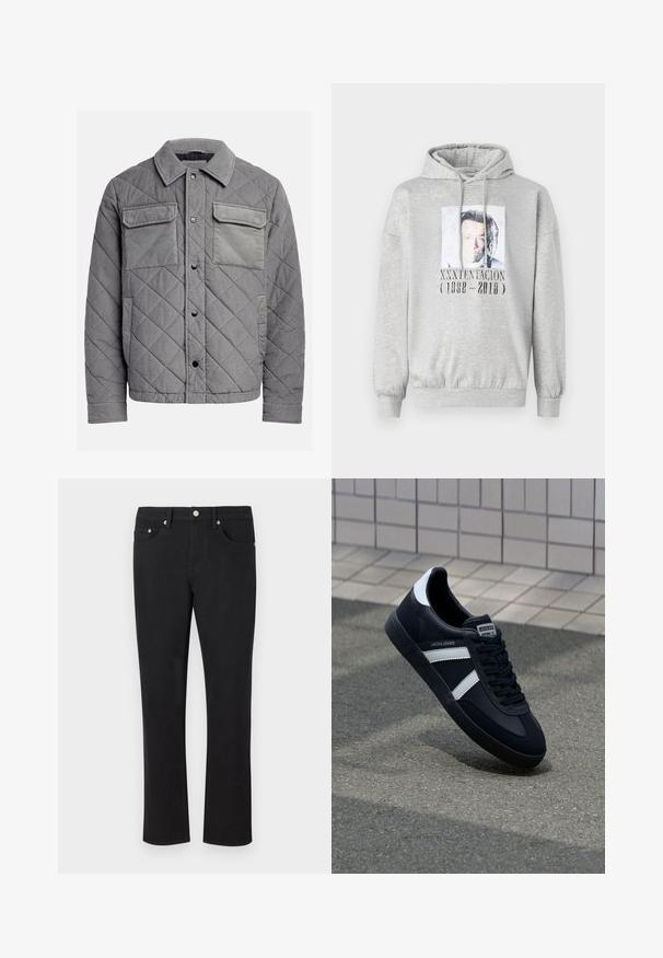 Gepolsterte graue Jacke aus strukturiertem Stoff, mit zwei Brusttaschen, Druckknöpfen und einem spitzen Kragen. Robuste und isolierte Konstruktion.; Hellgrau Hoodie mit Frontfoto und dem Text "XXXTENTACION (1998 - 2018)", das den verstorbenen Musik-Künstler ehrt.; Schwarze Jeans aus Denim mit geradem Bein-Design, ausgestattet mit fünf Taschen und silbernem Zubehör sowie einer glatten Textur. Keine Muster oder Akzente.; Schwarze Leder-Sneaker mit weißen Streifen, strukturiertem Gummisohle und Schnürung. Verfügt über ein Markenetikett auf der Zunge.