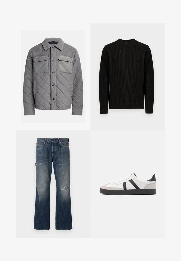 Chaqueta acolchada gris hecha de tejido texturizado, con dos bolsillos en el pecho, botones a presión y un cuello con puntas. Diseño duradero y aislante.; Suéter negro de manga larga con canalé y cuello redondo, presentado de forma plana sobre un fondo blanco liso.; Jeans de mezclilla en azul oscuro con un lavado desgastado. Presenta un corte de pierna ancha, detalles desgastados que incluyen un desgarro, y un diseño estándar de cinco bolsillos.; Zapatilla blanca con acentos en negro y gris, que presenta una puntera texturizada en gris, suela de goma negra y cordones planos blancos. Diseño limpio, estilo minimalista.