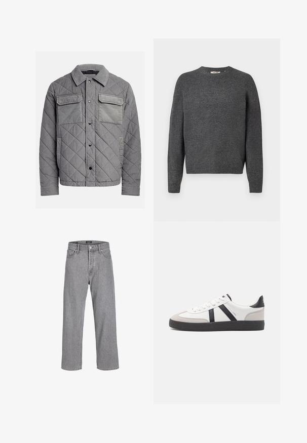 Quilted gray jacket made of textured fabric, featuring two chest pockets, snap buttons, and a point collar. Durable and insulated design.; Dark gray sweater made of soft knit material, featuring a crew neck, long sleeves, and ribbed hem and cuffs. Plain design, no patterns.; Grey denim trousers with a relaxed, loose fit. Features a traditional five-pocket design and a button closure at the waistband.; White sneaker with black and gray accents, featuring a textured gray toe cap, black rubber sole, and flat white laces. Clean design, minimalist style.