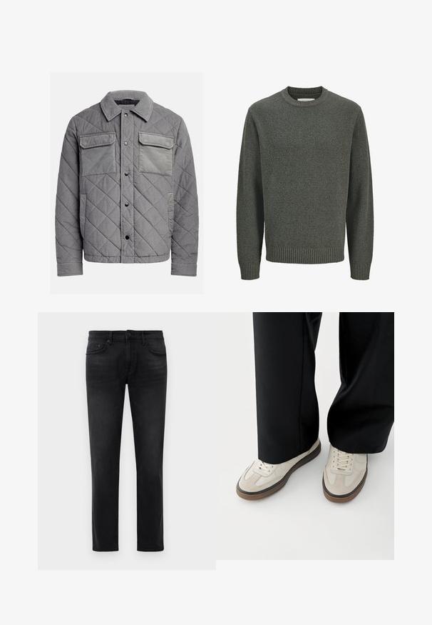 Quiltet grå jakke lavet af tekstureret stof, med to brystlommer, trykknapper og spidse krave. Holdbart og isoleret design.; Langærmet crewneck sweater i tekstureret gråt strik med ribbede manchetter og kant, vist på en ensfarvet lys baggrund.; Sorte slim-fit jeans med fem lommer, bæltestropper og knaplukning, lagt fladt mod en hvid baggrund.; Fødder iført beige sneakers med brune såler og sorte bukser med vide ben på hvid baggrund.