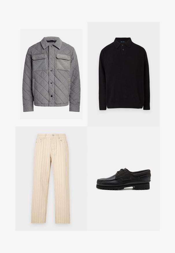 Quiltet grå jakke lavet af tekstureret stof, med to brystlommer, trykknapper og spidse krave. Holdbart og isoleret design.; Sort pullover sweater med kravehals, tre knapper foran, ribbede manchetter og afslutning, lavet af et blødt strikket materiale.; Beige lige ben bukser med lodrette striber, der har knaplukning, bælteløkker og sidelommer. Stoffet har en glat overflade.; Sort sko med overdel i læder, tekstilaccentuer, runde snørebånd og en tekstureret gummisål. Udstyret med mokkasinsyning og branddetalje.