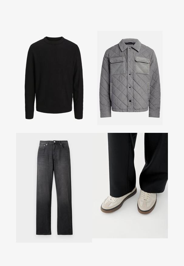Quiltet grå jakke lavet af tekstureret stof, med to brystlommer, trykknapper og spidse krave. Holdbart og isoleret design.; Sort langærmet strikket sweater med rund halsudskæring, ribstrikkede manchetter og kant, vist på en ensartet lys grå baggrund.; Sorte, højtaljede straight-leg jeans med frontknap og lynlås, to forlommer og diskrete falmede detaljer.; Fødder iført beige sneakers med brune såler og sorte bukser med vide ben på hvid baggrund.