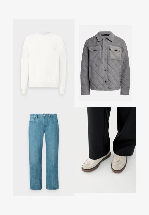 Quiltet grå jakke lavet af tekstureret stof, med to brystlommer, trykknapper og spidse krave. Holdbart og isoleret design.; Hvid crewneck sweatshirt lavet af blødt stof, med ribbede manchetter og kant, og med et diskret logo trykt på brystet i lysegrå.; Lyseblå denimjeans med lige ben-design, der har fem lommer, bæltestropper og knaplukning. Glat tekstur med subtilt falmede områder.; Fødder iført beige sneakers med brune såler og sorte bukser med vide ben på hvid baggrund.