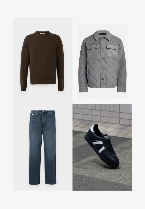 Gepolsterte graue Jacke aus strukturiertem Stoff, mit zwei Brusttaschen, Druckknöpfen und einem spitzen Kragen. Robuste und isolierte Konstruktion.; Brauner Strickpullover mit Rundhalsausschnitt, langen Ärmeln und gerippten Bündchen. Weiche Textur, glatte Oberfläche und lockere Passform.; Dunkelblaue Jeans aus Denim mit geradem Schnitt, fünf Taschen, Gürtelschlaufen und Reißverschluss. Glatte Textur mit dezenten Ausbleichungen.; Schwarze Leder-Sneaker mit weißen Streifen, strukturiertem Gummisohle und Schnürung. Verfügt über ein Markenetikett auf der Zunge.