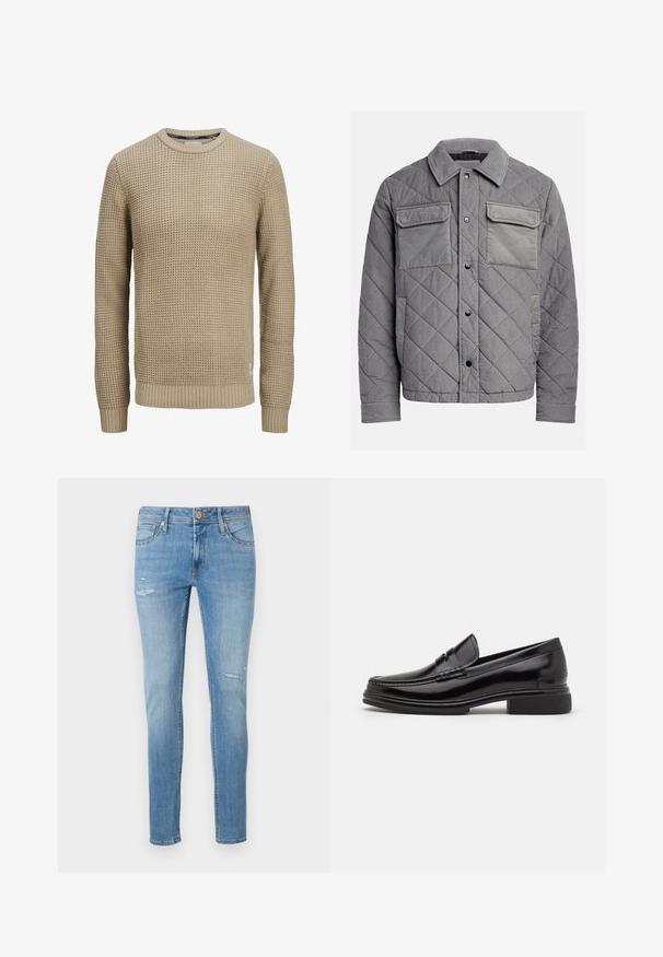 Quiltet grå jakke lavet af tekstureret stof, med to brystlommer, trykknapper og spidse krave. Holdbart og isoleret design.; Beige langærmet strikket sweater med tekstureret vaffelmønster, rund halsudskæring samt ribstrikkede manchetter og kant.; Lys blå denimjeans med en slim fit, der har mindre slidte detaljer og en fem-pocket design, afsluttet med en standard knaplukning.; Sorte læder loafers med en rund tå, der har en syet detalje over vristen og en lav blokhæl. Glat tekstur og blank finish.