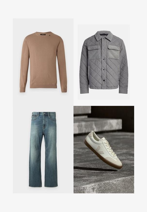 Quiltet grå jakke lavet af tekstureret stof, med to brystlommer, trykknapper og spidse krave. Holdbart og isoleret design.; Beige langærmet sweater med rund halsudskæring, lavet af blødt, tekstureret stof. Har ribbede manchetter og søm samt en lille logodetalje.; Lysblå denim jeans med lige ben, let falmet, fem lommer og bæltestropper. Har stikninger som accent og knaplukning.; Hvide læder sneakers med tanfarvet gummisål, flade snørebånd og V-formet detalje på siden. Har en glat overflade og minimale syninger.