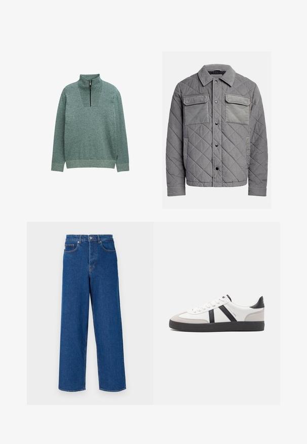 Quiltet grå jakke lavet af tekstureret stof, med to brystlommer, trykknapper og spidse krave. Holdbart og isoleret design.; Langærmet strikpullover lavet af et struktureret grønt stof med en kvart lynlås ved den høje krave, præsenteret på en ensfarvet baggrund.; Bredde ben blå jeans lavet af denim, med høj talje, fem-lomme design og kontrastsyninger langs sømene og lommerne.; Hvide sneakers med sorte og grå detaljer, med en tekstureret grå tåhætte, sort gummisål og flade hvide snørebånd. Rent design, minimalistisk stil.