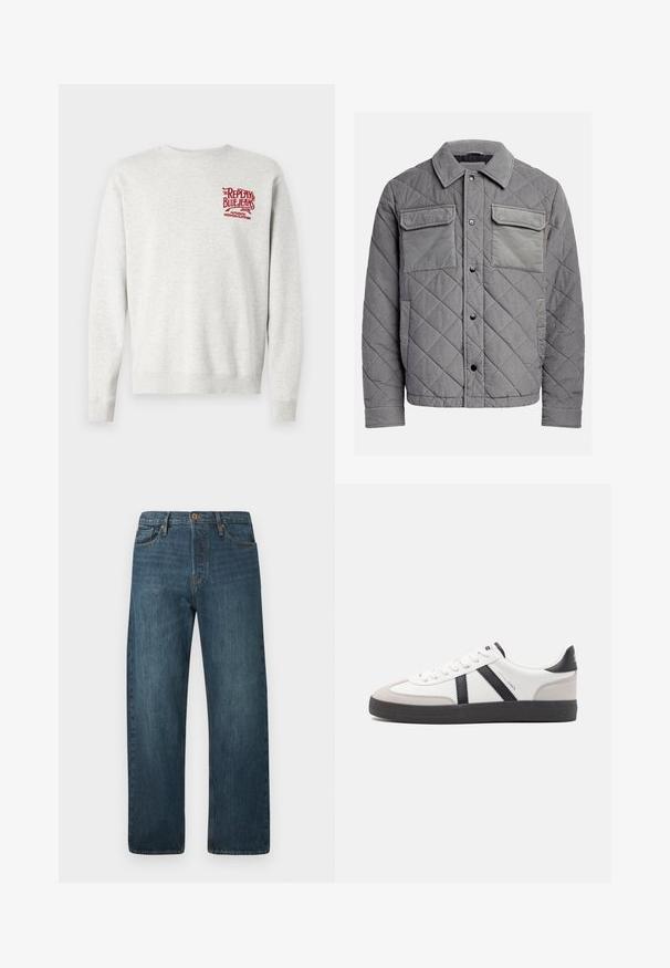 Vihreä tikattu takki, joka on valmistettu teksturoidusta kankaasta. Siinä on kaksi rintataskua, nepparikiinnitys ja pistekaulus. Kestävä ja eristetty muotoilu.; Harmaa puuvillane sweatshirt, millel on ribbikudumiga mansetid ja äär, ning punane trükitud bränding rinnal. Klassikaline ümmargune kaelaaugu disain.; Tummansinisiä suoria farkkuhousuja viidellä taskulla, nappikiinnityksellä ja vyölenkeillä valkoisella taustalla.; Valkoiset lenkkarit mustilla ja harmailla yksityiskohdilla, joissa on teksturoitu harmaa kärki, musta kumipohja ja litteät valkoiset nauhat. Siisti muotoilu, minimalistinen tyyli.