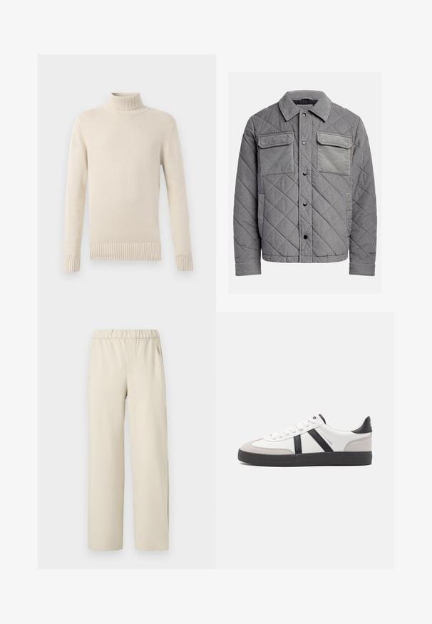 Veste grise matelassée en tissu texturé, dotée de deux poches poitrine, de boutons-pression et d'un col à point. Design durable et isolé.; Pull col roulé tricoté couleur crème avec manches longues et poignets et bas côtelés.; Pantalons larges beiges avec une taille élastique, fabriqués en tissu doux. Présente une texture lisse et sans motifs ni éléments métalliques visibles.; Baskets blanches avec des accents noirs et gris, présentant un embout texturé gris, une semelle en caoutchouc noir et des lacets plats blancs. Design épuré, style minimaliste.