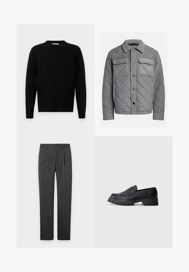 Veste grise matelassée en tissu texturé, dotée de deux poches poitrine, de boutons-pression et d'un col à point. Design durable et isolé.; Pull en maille noir avec un col rond, des manches longues et des poignets côtelés. Texture douce avec un design épuré et minimal, adapté à un style décontracté.; Pantalons gris sur mesure avec une coupe droite, dotés d'un pli avant, d'une fermeture éclair et d'un bouton. Texture lisse, design classique.; Mocassins en cuir noir avec un bout arrondi, présentant une sangle décorative et une semelle en caoutchouc épaisse avec de profonds crampons pour une meilleure adhérence.