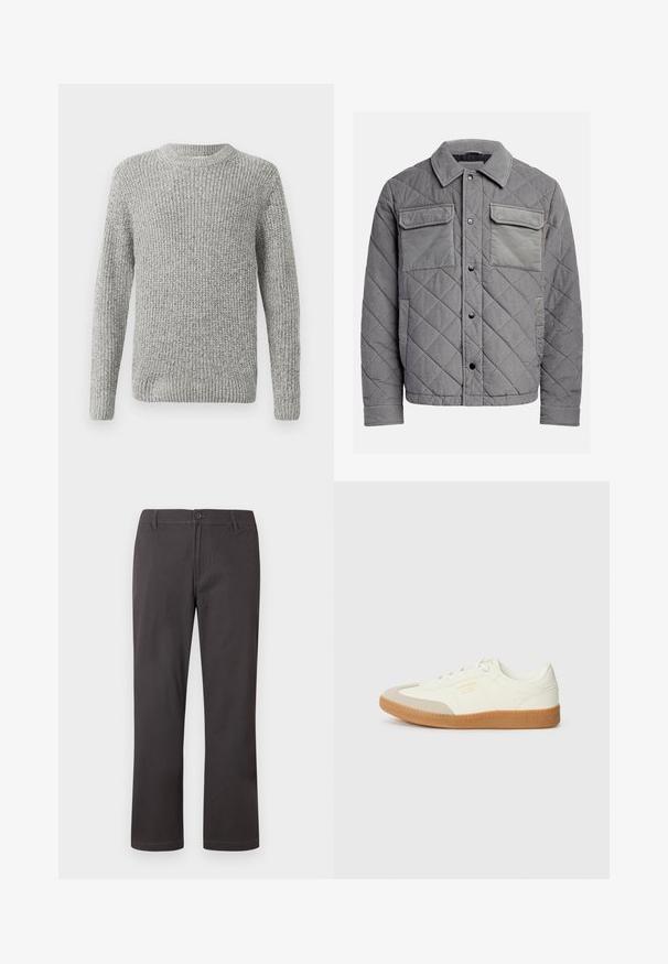 Veste grise matelassée en tissu texturé, dotée de deux poches poitrine, de boutons-pression et d'un col à point. Design durable et isolé.; Pull en tricot gris à manches longues, col rond, avec des poignets et un ourlet côtelés. La texture est épaisse et texturée, adaptée aux temps frais.; Pantalon gris foncé à jambes droites avec fermeture à boutons, passants pour ceinture et coutures frontales discrètes sur fond blanc.; Baskets en cuir blanc avec une coque beige et une semelle en caoutchouc marron clair. Dotées de lacets blancs plats et d'un logo embossé sur le côté.