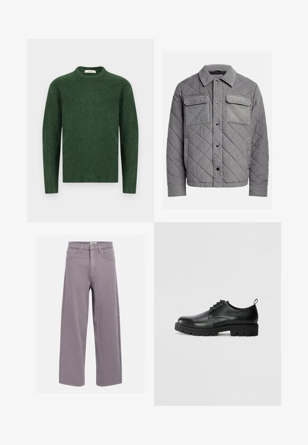 Chaqueta acolchada gris hecha de tejido texturizado, con dos bolsillos en el pecho, botones a presión y un cuello con puntas. Diseño duradero y aislante.; Suéter verde de punto con escote redondo, mangas largas y una tela texturizada. Diseño simple, sin patrones ni acentos visibles.; Jeans rectos en color lavanda-gris, con bolsillos delanteros y traseros, pasadores para cinturón y cierre de botón en la cintura.; Zapato de cuero negro con punta redonda, que presenta un diseño de cordones, suela negra de goma resistente y una pequeña lengüeta en el talón.
