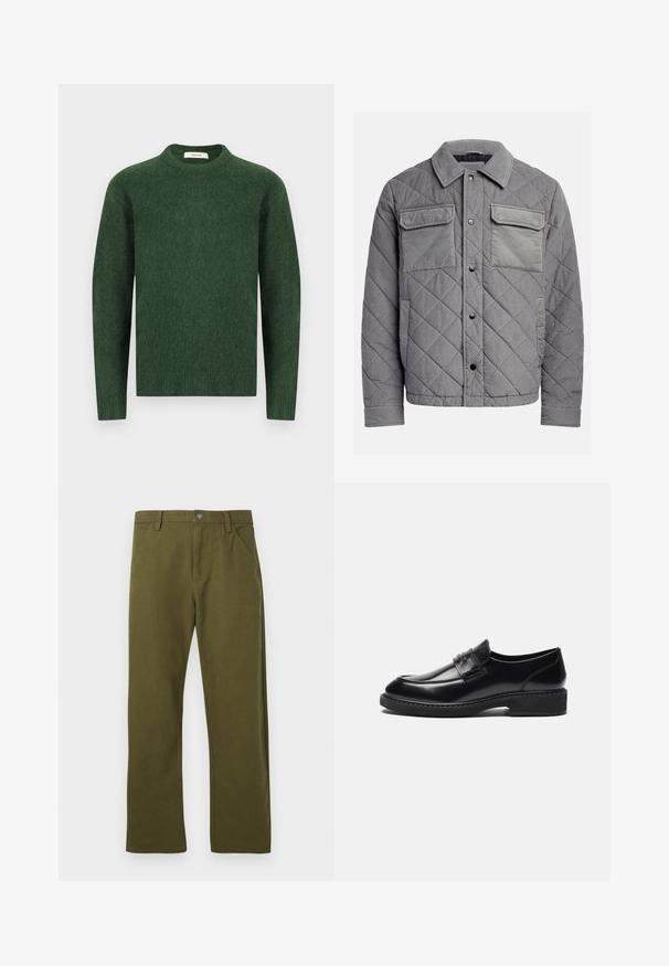 Quiltet grå jakke lavet af tekstureret stof, med to brystlommer, trykknapper og spidse krave. Holdbart og isoleret design.; Grøn strikket sweater med rund halsudskæring, lange ærmer og en tekstureret stof. Simpelt design, ingen synlige mønstre eller accenter.; Grønne bomuldsbukser med lige snit, featuring en frontlomme-design, metalknaplukning og diskrete syninger.; Zign by Zalando LEATHER - Business loafers - black