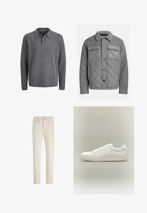 Quiltet grå jakke lavet af tekstureret stof, med to brystlommer, trykknapper og spidse krave. Holdbart og isoleret design.; Grå strikket sweater med lange ærmer, ribstrikkede manchetter og kant, krave og tre-knaps åbning.; Beige denimbukser med lige ben, fem lommer, metalknap og diskret tekstur. Enkel og alsidig stil.; Hvid lavtop sneaker med snørebånd foran og tyk sål, vist fra siden mod en neutral baggrund.