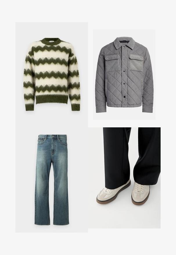 Chaqueta acolchada gris hecha de tejido texturizado, con dos bolsillos en el pecho, botones a presión y un cuello con puntas. Diseño duradero y aislante.; Jersey de rayas en zigzag verde y blanco, hecho de un material suave y esponjoso, con un cuello redondo y puños acanalados.; Jeans de mezclilla azul claro con corte recto, un ligero desvanecimiento, cinco bolsillos y presillas para cinturón. Presenta detalles de costura y un cierre de botón.; Pies con zapatillas beige con suelas marrones y pantalones negros de pierna ancha sobre un fondo blanco.