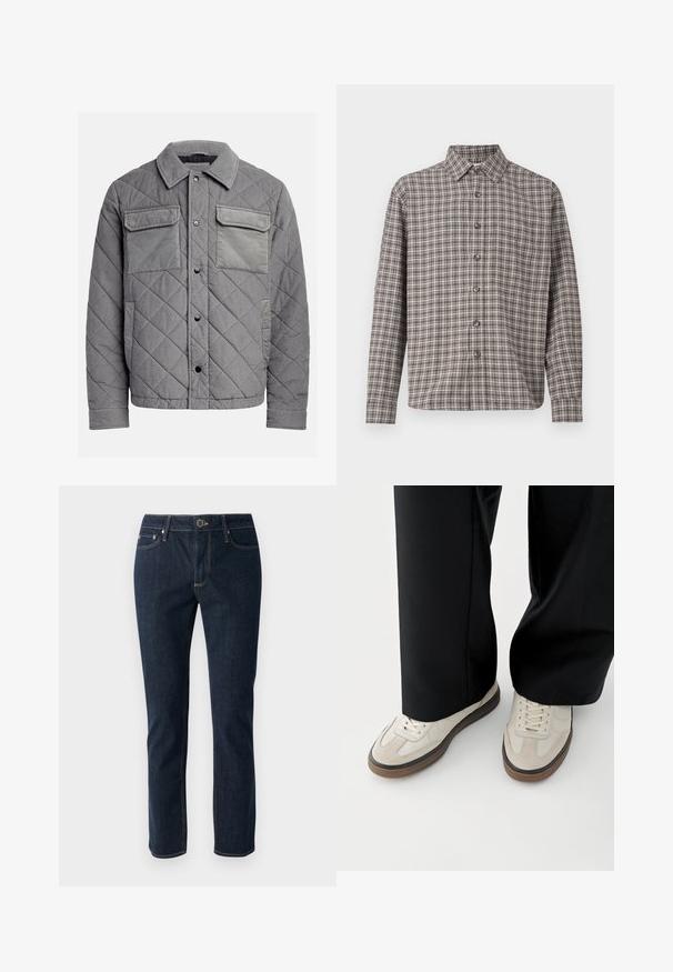 Quiltet grå jakke lavet af tekstureret stof, med to brystlommer, trykknapper og spidse krave. Holdbart og isoleret design.; Brun og creme plaid skjorte med knap-ned krave, lange ærmer og frontknapper; lavet af struktureret stof.; Mørkeblå denim jeans med lige ben-design, der har knaplukning, fem lommer og kontrastsyninger. Glat tekstur.; Fødder iført beige sneakers med brune såler og sorte bukser med vide ben på hvid baggrund.