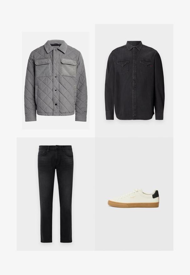 Veste grise matelassée en tissu texturé, dotée de deux poches poitrine, de boutons-pression et d'un col à point. Design durable et isolé.; Chemise en denim noir à manches longues, avec un col classique, des fermetures à boutons-pression, deux poches poitrine et un détail logo rouge subtil.; Jean slim noir avec cinq poches, passants de ceinture et fermeture à bouton, posé à plat sur un fond blanc.; Sneaker en toile blanche avec une semelle en gomme, accent au talon noir, bout rond et design à lacets. Présente le logo de la marque en doré sur le côté.