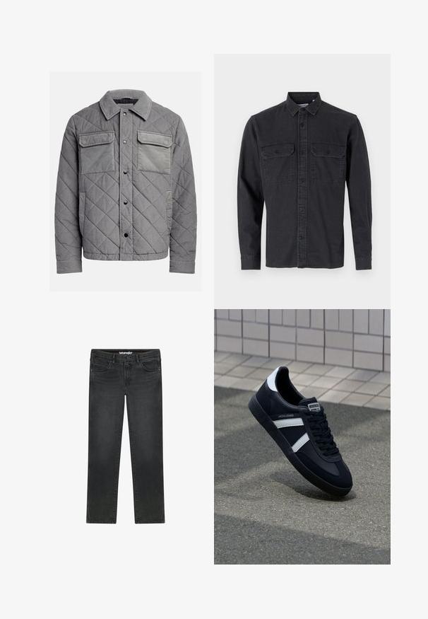Gepolsterte graue Jacke aus strukturiertem Stoff, mit zwei Brusttaschen, Druckknöpfen und einem spitzen Kragen. Robuste und isolierte Konstruktion.; Langärmliges, dunkelgraues Hemd mit Knöpfen aus Baumwollmischung, das über zwei Brusttaschen und ein klassisches Kragendesign verfügt.; Schwarze Wrangler-Jeans mit geradem Bein, vorderem Knopf, Reißverschluss, Gürtelsschlaufen und Fünf-Taschen-Design vor weißem Hintergrund.; Schwarze Leder-Sneaker mit weißen Streifen, strukturiertem Gummisohle und Schnürung. Verfügt über ein Markenetikett auf der Zunge.